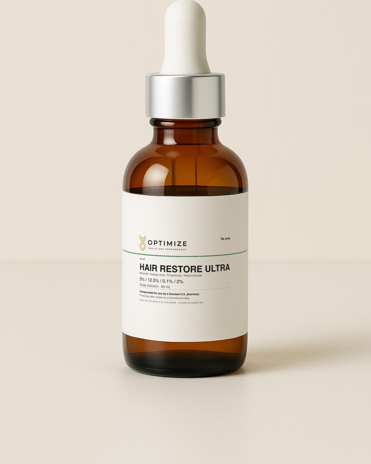 Hair Restore Ultra Scalp Solution (Minoxidil / Azelaic Acid / Finasteride / Ketoconazole) in its pharmacy container