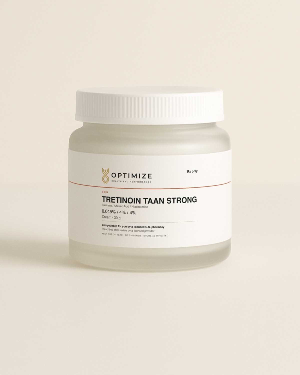 Tretinoin TAAN Strong Cream (Tretinoin / Azelaic Acid / Niacinamide) in its pharmacy container